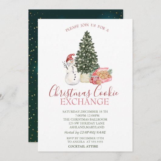 Niedlicher Schneemann, Kiefernbaum, Kekse Einladung (Vorne/Hinten)