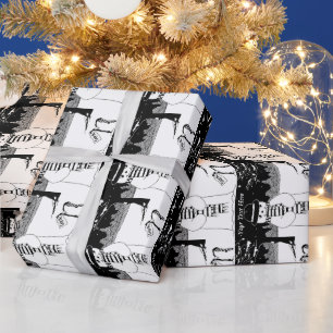 niedlicher Schneemann lächelt Schneeszene schwarz- Geschenkpapier