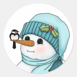 Niedlicher Schneemann mit Chickadee auf seiner Kar Runder Aufkleber
