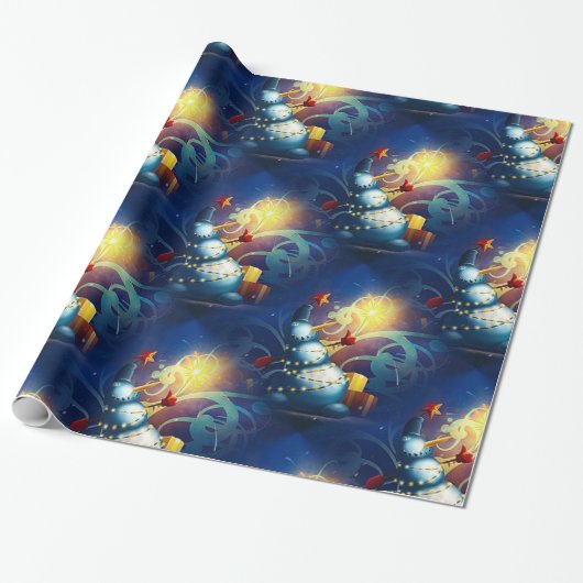 Niedlicher Schneemann mit Geschenken und Feuerwerk Geschenkpapier (Ungerollt)