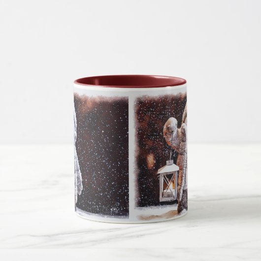Niedlicher Schneemann mit Laterne im Schneefall Tasse (Zentrum)