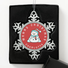 Niedlicher Schneemann mit Namen | Rot Schneeflocken Zinn-Ornament