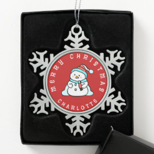 Niedlicher Schneemann mit Namen Rot Schneeflocken Zinn-Ornament