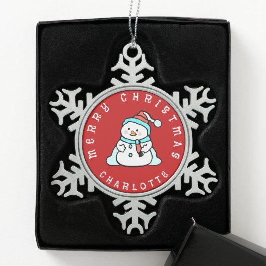 Niedlicher Schneemann mit Namen | Rot Schneeflocken Zinn-Ornament (Box)