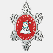 Niedlicher Schneemann mit Namen | Rot Schneeflocken Zinn-Ornament (Rechts)