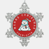 Niedlicher Schneemann mit Namen | Rot Schneeflocken Zinn-Ornament (Vorderseite)