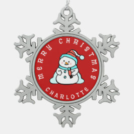 Niedlicher Schneemann mit Namen | Rot Schneeflocken Zinn-Ornament