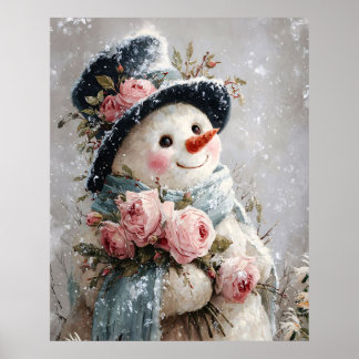 Niedlicher Schneemann mit rosa Rosen Poster