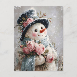 Niedlicher Schneemann mit rosa Rosen Postkarte