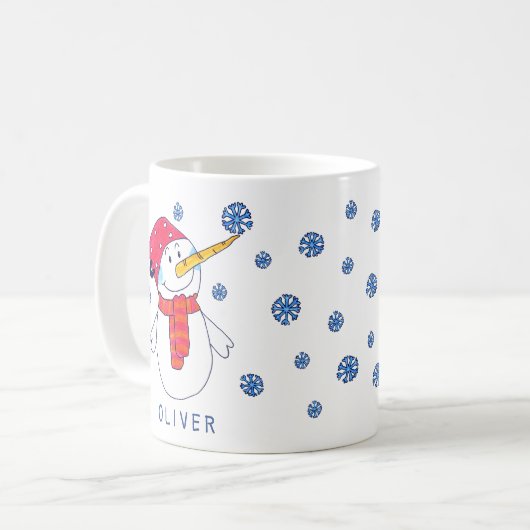 Niedlicher Schneemann mit Schneeflocke Zeichnend K Kaffeetasse (Vorderseite Links)
