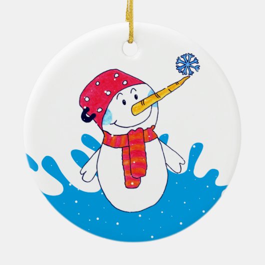 Niedlicher Schneemann mit Schneeflocken Kinder Keramik Ornament (Hinten)