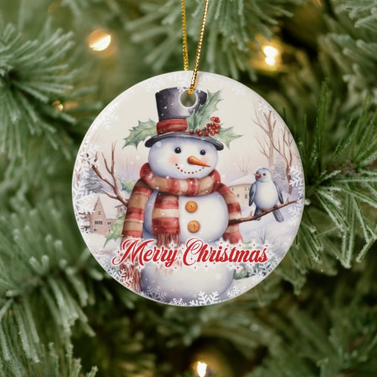 Niedlicher Schneemann mit Vogel im Schnee Keramik Ornament (Baum)