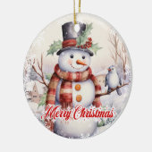 Niedlicher Schneemann mit Vogel im Schnee Keramik Ornament (Links)