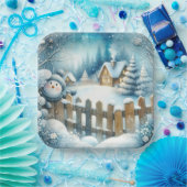 Niedlicher Schneemann mit Weihnachten-Hütte Pappteller (Party)