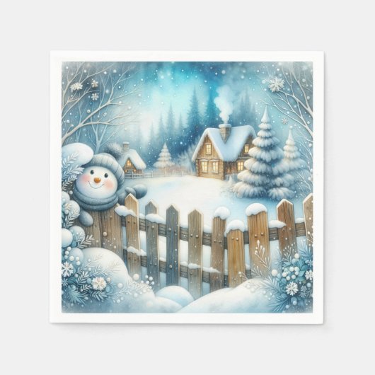 Niedlicher Schneemann mit Weihnachten-Hütte Serviette (Vorderseite)