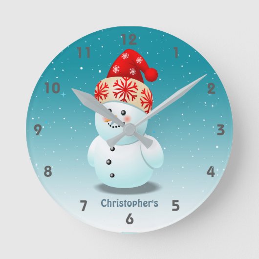 Niedlicher Schneemann mit Weihnachtshut Runde Wanduhr (Vorderseite)