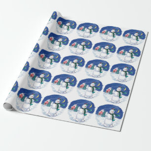 Niedlicher Schneemann, nächtlich mit dem Mond Geschenkpapier