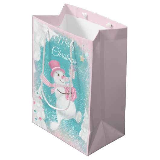 Niedlicher Schneemann Pink und Minze Weihnachten Mittlere Geschenktüte (Vorderseite Schrägansicht)