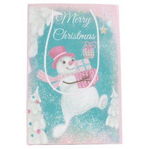 Niedlicher Schneemann Rosa und Mint Weihnachten Mittlere Geschenktüte