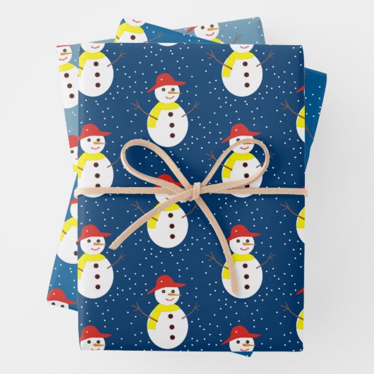 Niedlicher Schneemann und blauer Schnee Geschenkpapier Set (Beispiel)