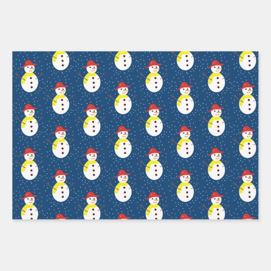 Niedlicher Schneemann und blauer Schnee Geschenkpapier Set (Vorderseite)