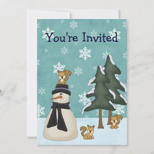 Niedlicher Schneemann und Eichhörnchen Winter Gebu Einladung (Vorderseite)