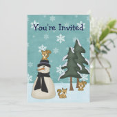 Niedlicher Schneemann und Eichhörnchen Winter Gebu Einladung (Stehend Vorderseite)