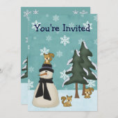 Niedlicher Schneemann und Eichhörnchen Winter Gebu Einladung (Vorne/Hinten)