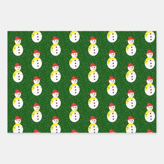 Niedlicher Schneemann und grüner Schnee Geschenkpapier Set (Vorderseite)