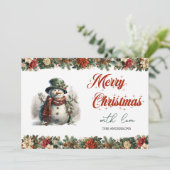 Niedlicher Schneemann und Heilige Beere Feiertagskarte (Stehend Vorderseite)