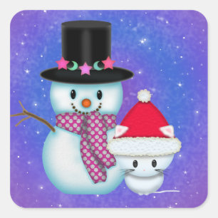 Niedlicher Schneemann und Kitten Weihnachtskleber Quadratischer Aufkleber