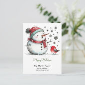 Niedlicher Schneemann und Red Bird Happy Holidays Postkarte (Stehend Vorderseite)