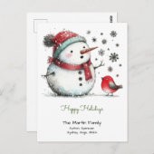 Niedlicher Schneemann und Red Bird Happy Holidays Postkarte (Vorne/Hinten)