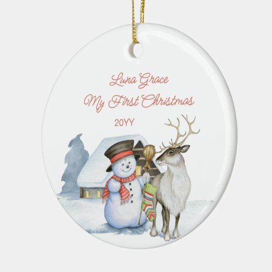 Niedlicher Schneemann und Rentier 1. Weihnachtsfei Keramik Ornament (Links)
