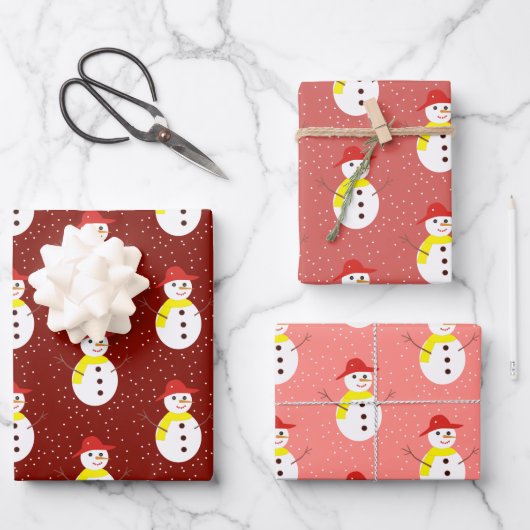 Niedlicher Schneemann und roter Schnee Geschenkpapier Set (Vorderseite)