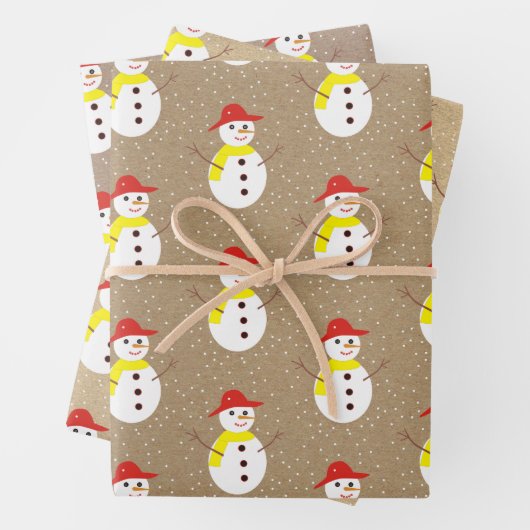 Niedlicher Schneemann und Schnee auf braunem beige Geschenkpapier Set (Beispiel)