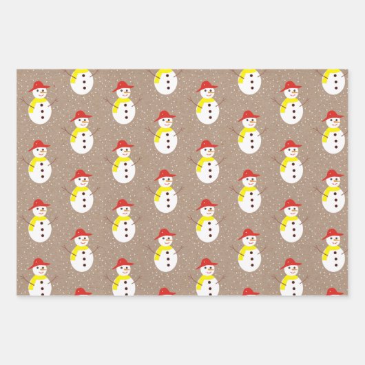 Niedlicher Schneemann und Schnee auf brauner Kraft Geschenkpapier Set (Vorderseite 2)