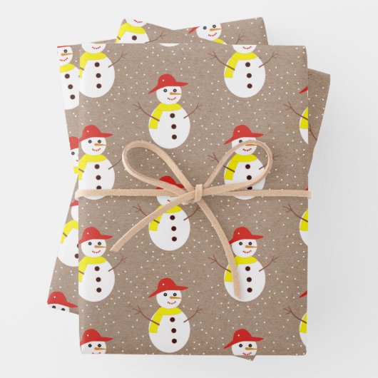 Niedlicher Schneemann und Schnee auf brauner Kraft Geschenkpapier Set (Beispiel)