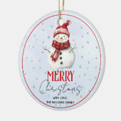 Niedlicher Schneemann und Schnee Weihnachtsfeierta Keramik Ornament (Links)