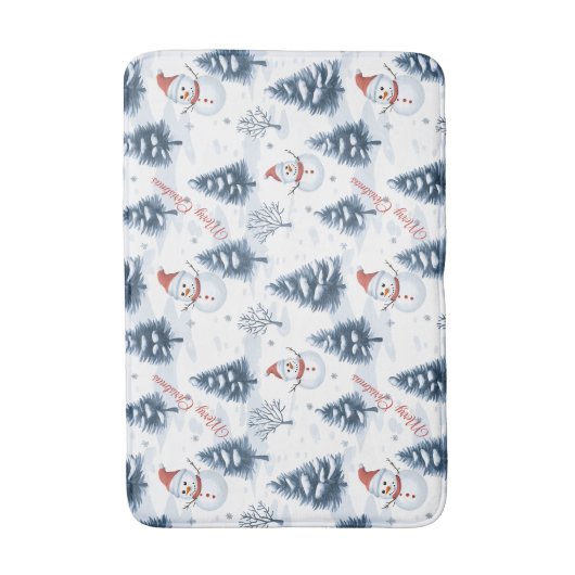 Niedlicher Schneemann und schneebedeckte Bäume fro Badematte (Vorderseite Vertikal)