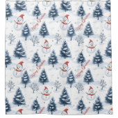Niedlicher Schneemann und schneebedeckte Bäume fro Duschvorhang (Vorderseite)