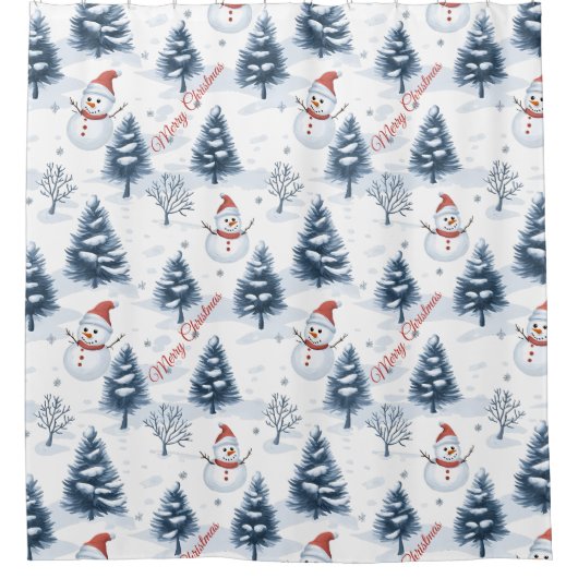 Niedlicher Schneemann und schneebedeckte Bäume fro Duschvorhang (Vorderseite)