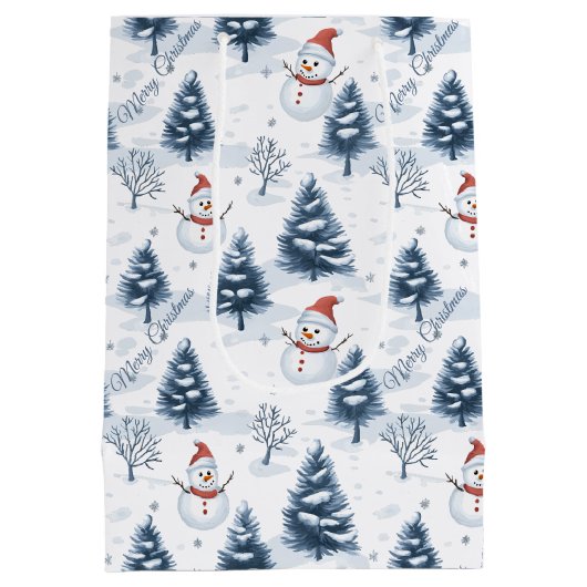 Niedlicher Schneemann und schneebedeckte Bäume fro Mittlere Geschenktüte (Rückseite)