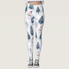 Niedlicher Schneemann und schneebedeckte Bäume Leggings
