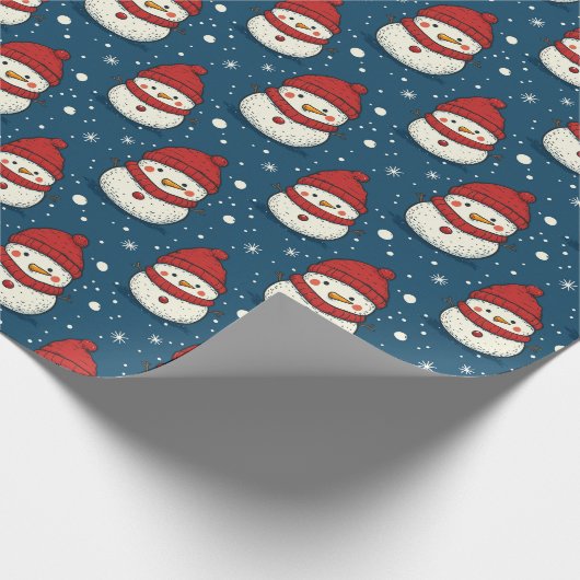 Niedlicher Schneemann und Schneeflocken Blauer Wei Geschenkpapier (Ecke)