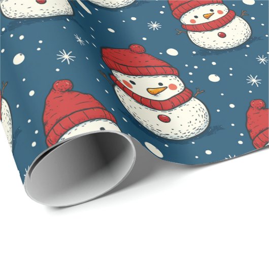 Niedlicher Schneemann und Schneeflocken Blauer Wei Geschenkpapier (Rolleneckpunkt)