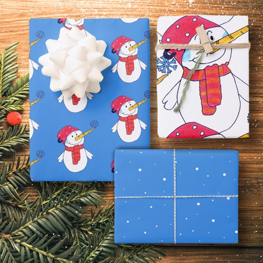 Niedlicher Schneemann und Schneeflockenmuster Kind Geschenkpapier Set