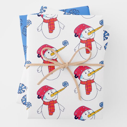 Niedlicher Schneemann und Schneeflockenmuster Kind Geschenkpapier Set (Beispiel)