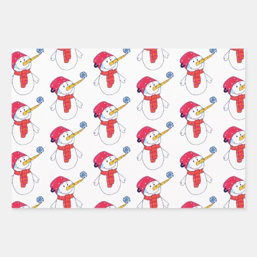 Niedlicher Schneemann und Schneeflockenmuster Kind Geschenkpapier Set (Vorderseite)