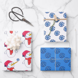 Niedlicher Schneemann und Schneeflockenmuster Kind Geschenkpapier Set